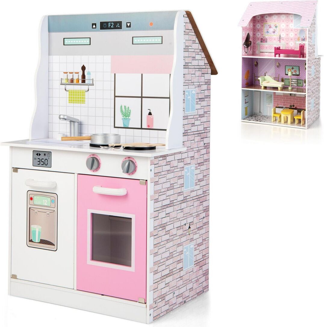 Costway Kids Kitchen Playset & Dollhouse 2-In-1 W/ Accessories & Furniture For Toddlers - Pink