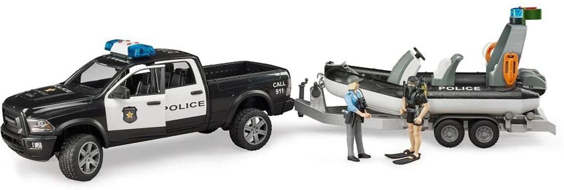 Bruder 1/16 Ram Police Pickup Truck with Trailer & Boat by Bruder - White