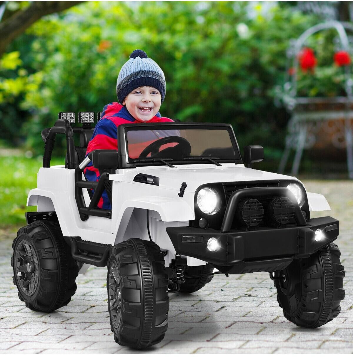 Sugift 12V Electric Ride On Truck with Parental Remote Control and Led Lights - White