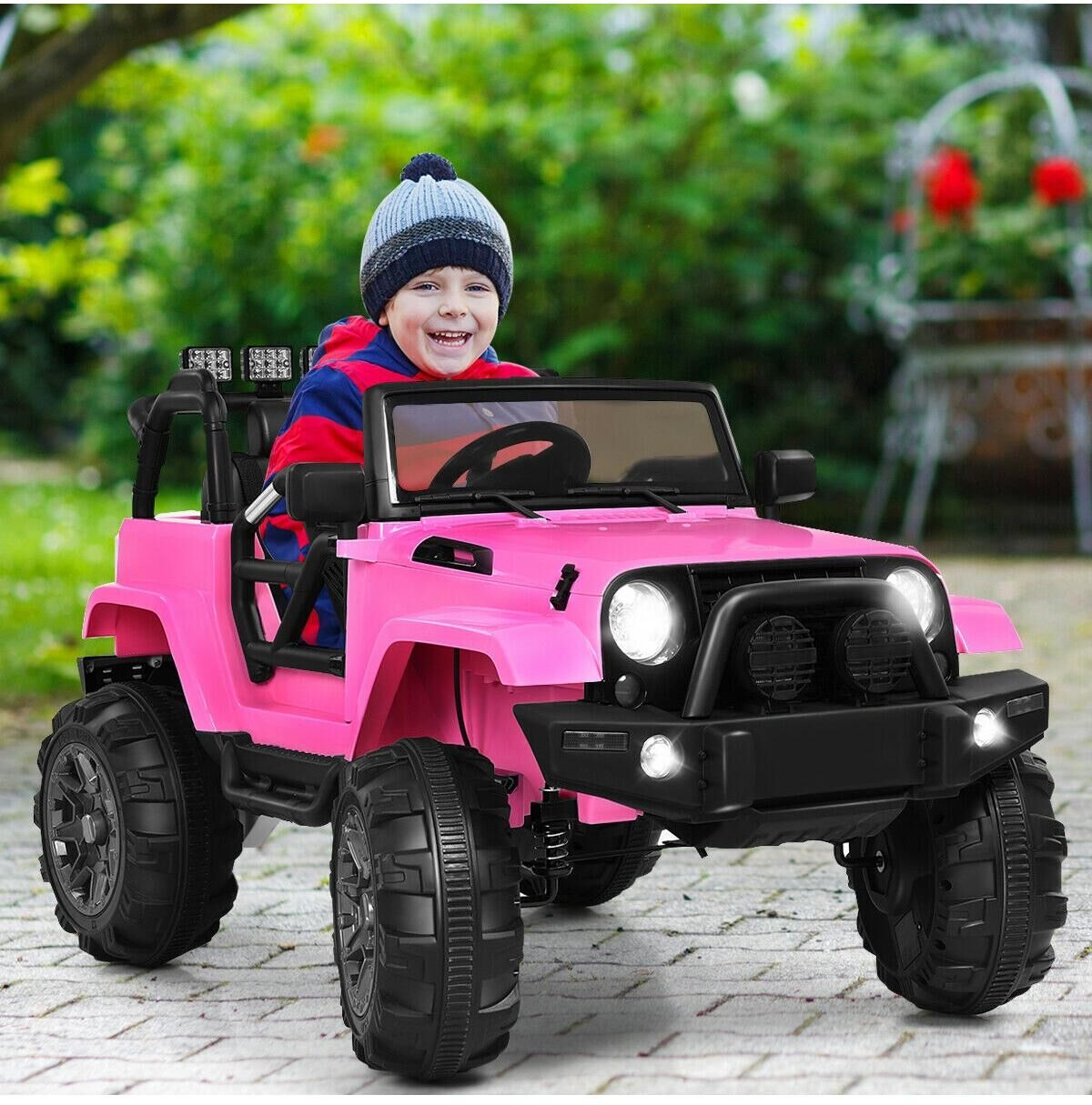 Sugift 12V Electric Ride On Truck with Parental Remote Control and Led Lights - Pink