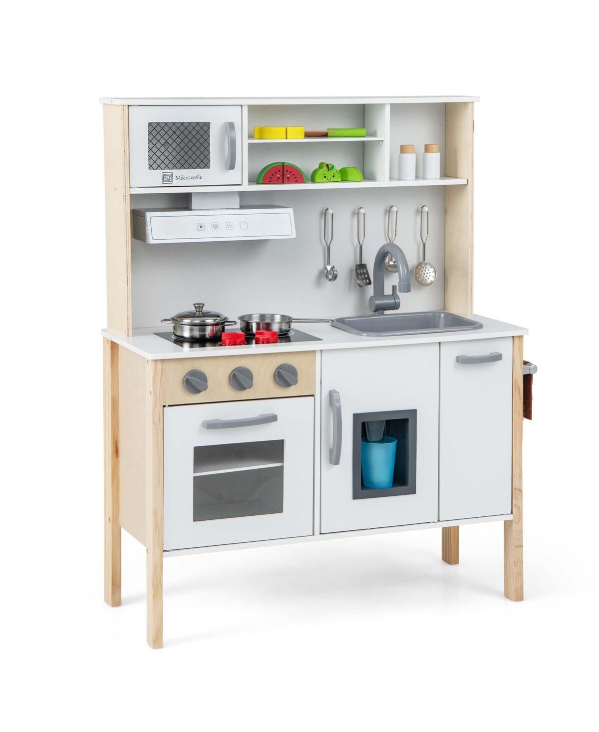 Costway Kids Kitchen Play set Wooden Pretend Play Chef Toy w/ Microwave & Accessories - White