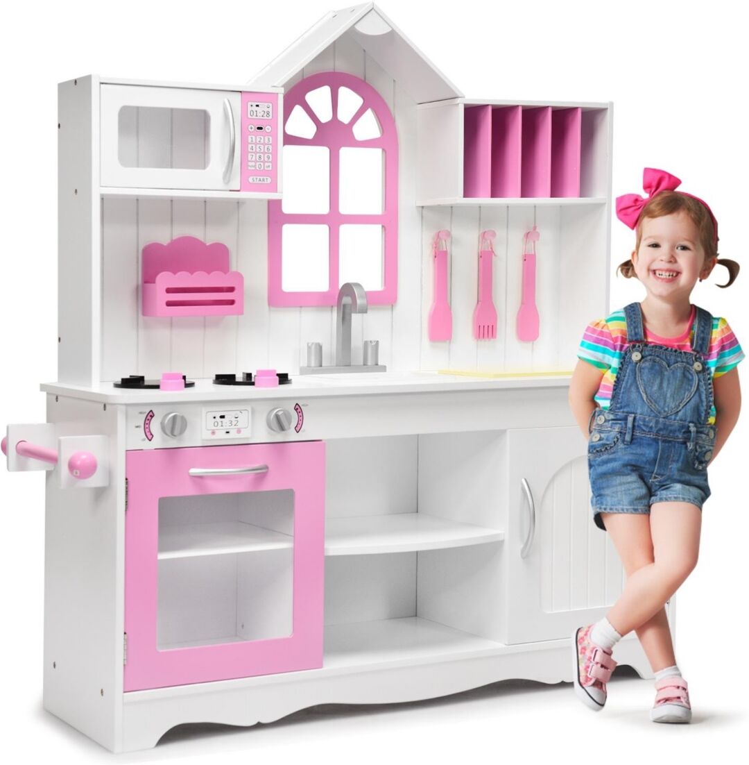 Sugift Wood Toy Kitchen Kids Cooking Pretend Play Set - Pink