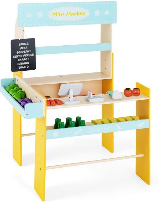 Slickblue Kid's Pretend Play Grocery Store with Cash Register and Blackboard-Blue - Blue, yellow, natural