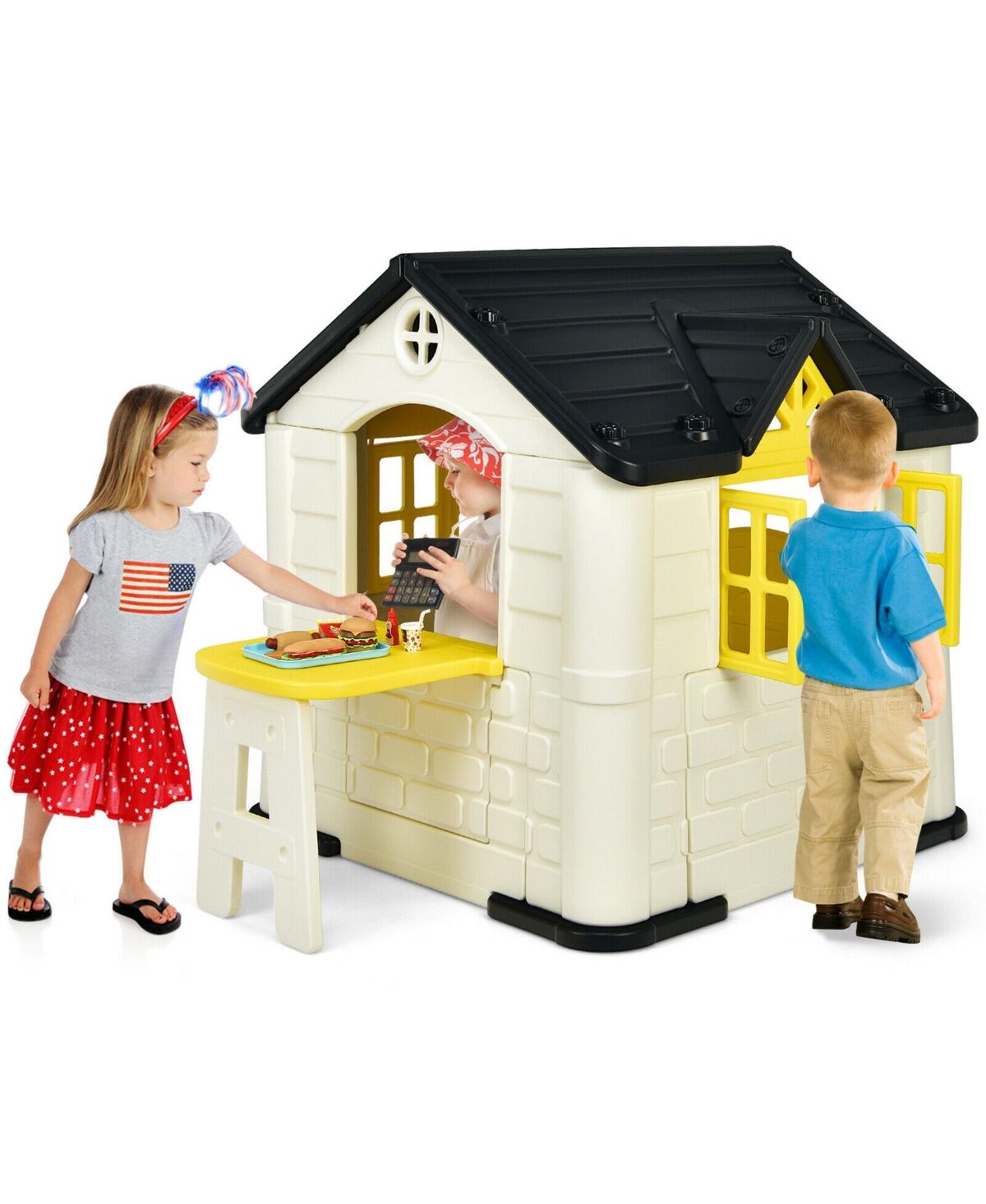 Costway Kid's Playhouse Games Cottage w/ 7 Pcs Toy Set & Waterproof Cover - Yellow