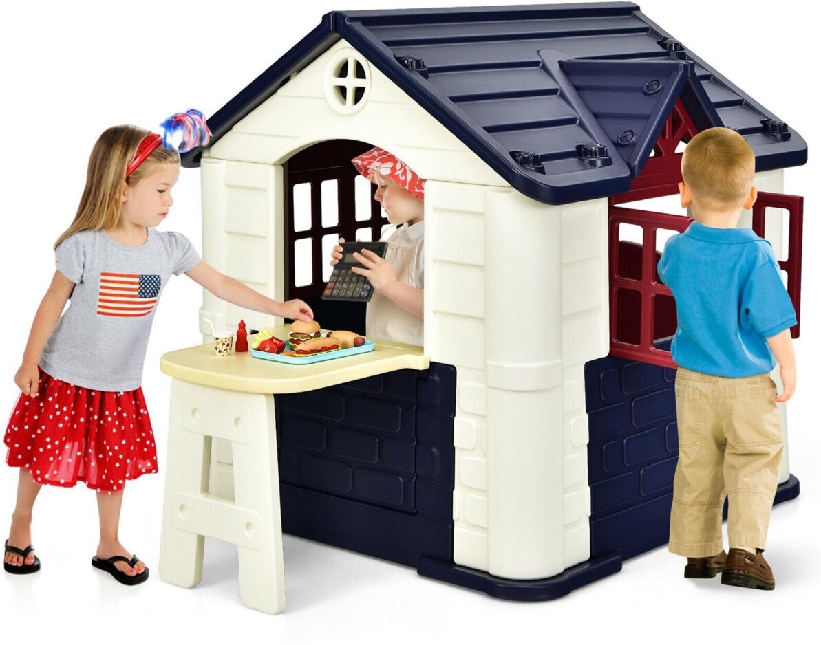 Costway Kid's Playhouse Games Cottage w/ 7 Pcs Toy Set & Waterproof Cover - Blue