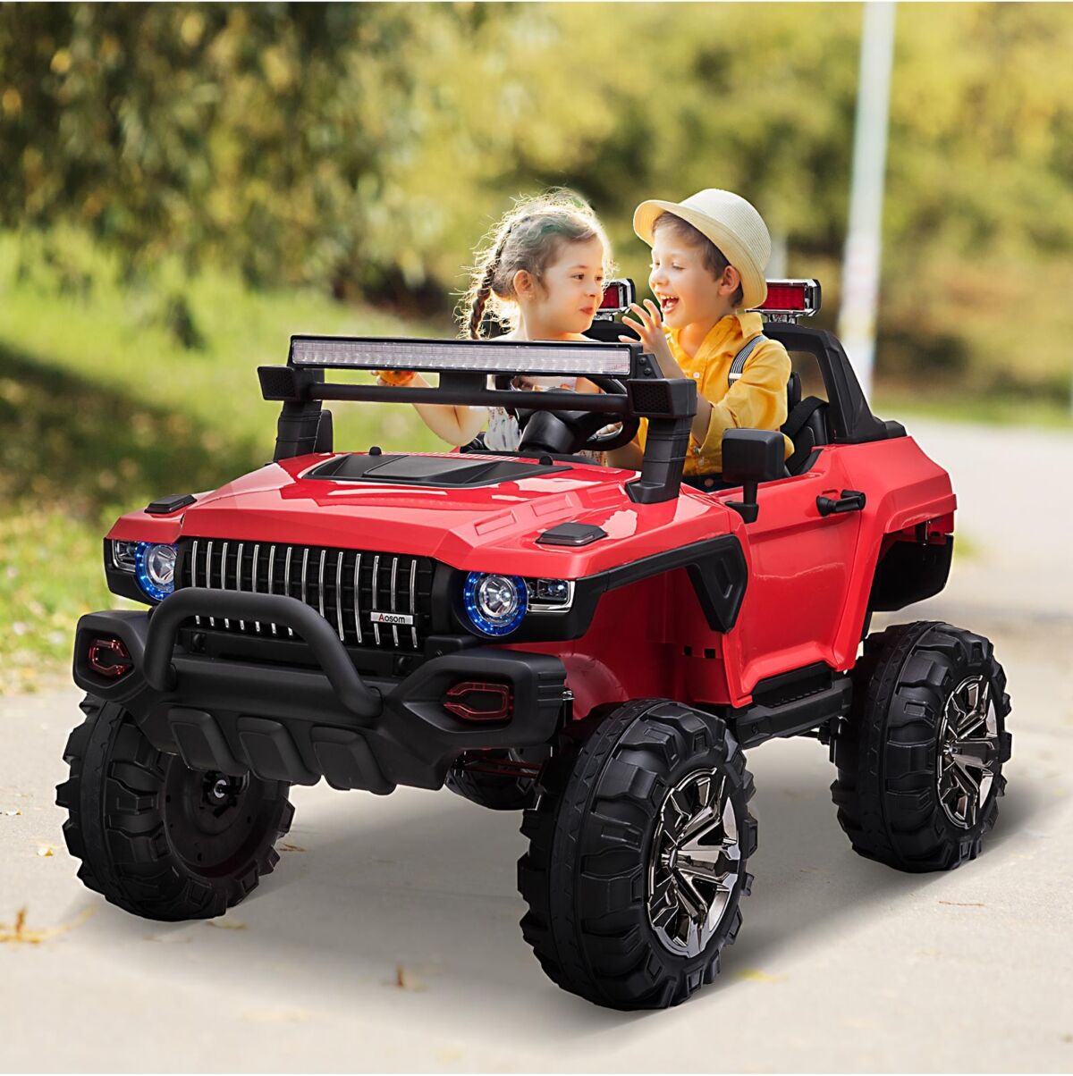 Aosom 12V Rc 2-Seater Kids Ride-On Police Truck, Led Lights, MP3, Christmas Gift - Red