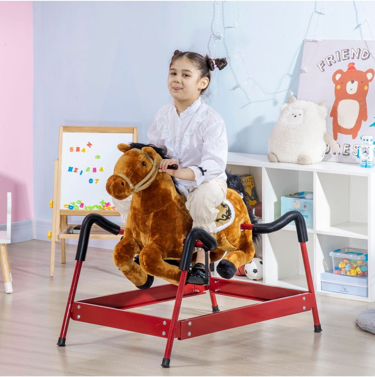 Qaba Kids Spring Rocking Horse, Ride on Horse for Girls and Boys with Animal Sounds, Plush Horse Ride-on with Soft Feel, Interactive Toy for Kids - Br