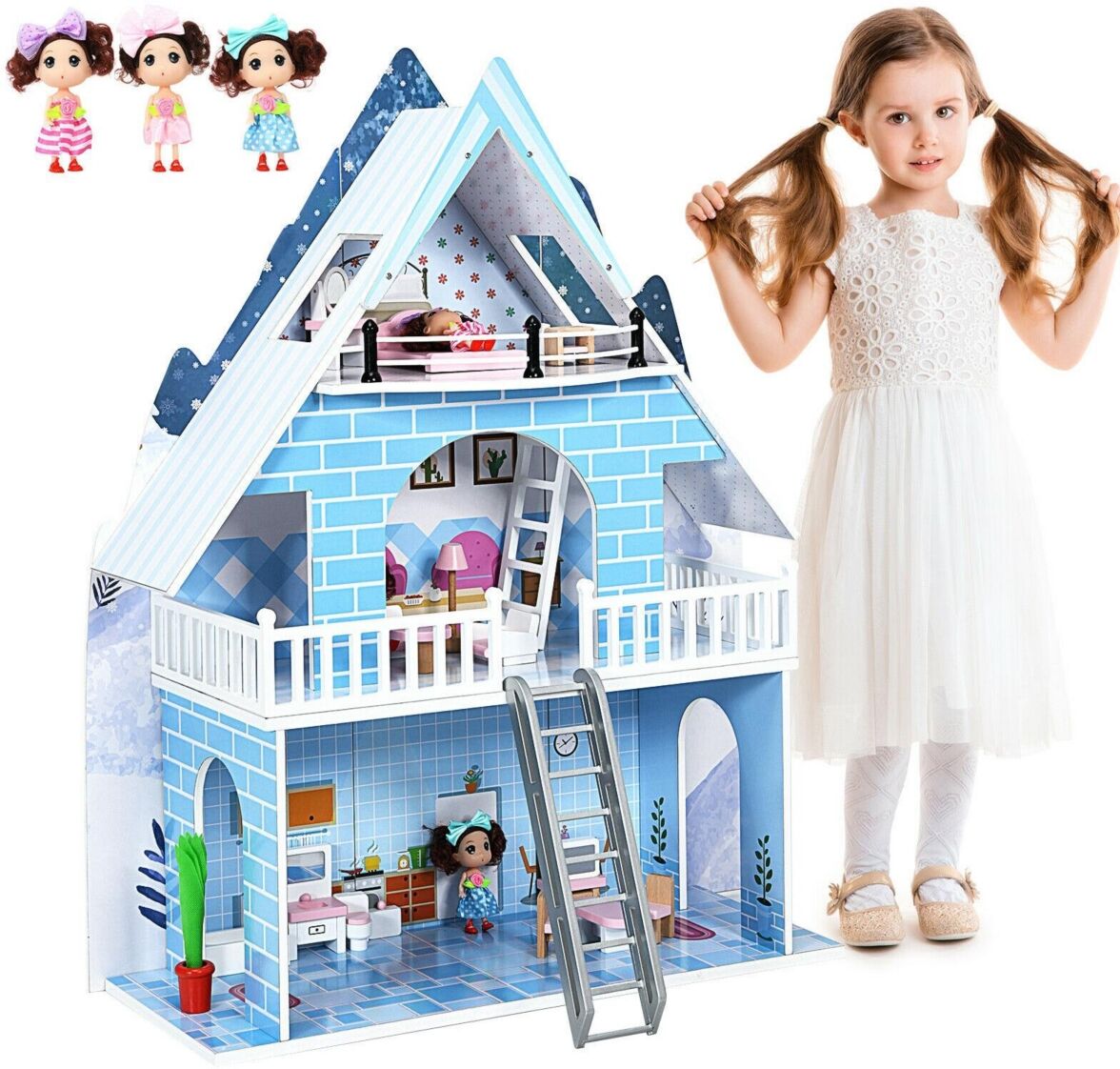 Sugift Wooden Dollhouse 3-Story Pretend Play set with Furniture and Doll Gift for Age 3+ Year - Blue