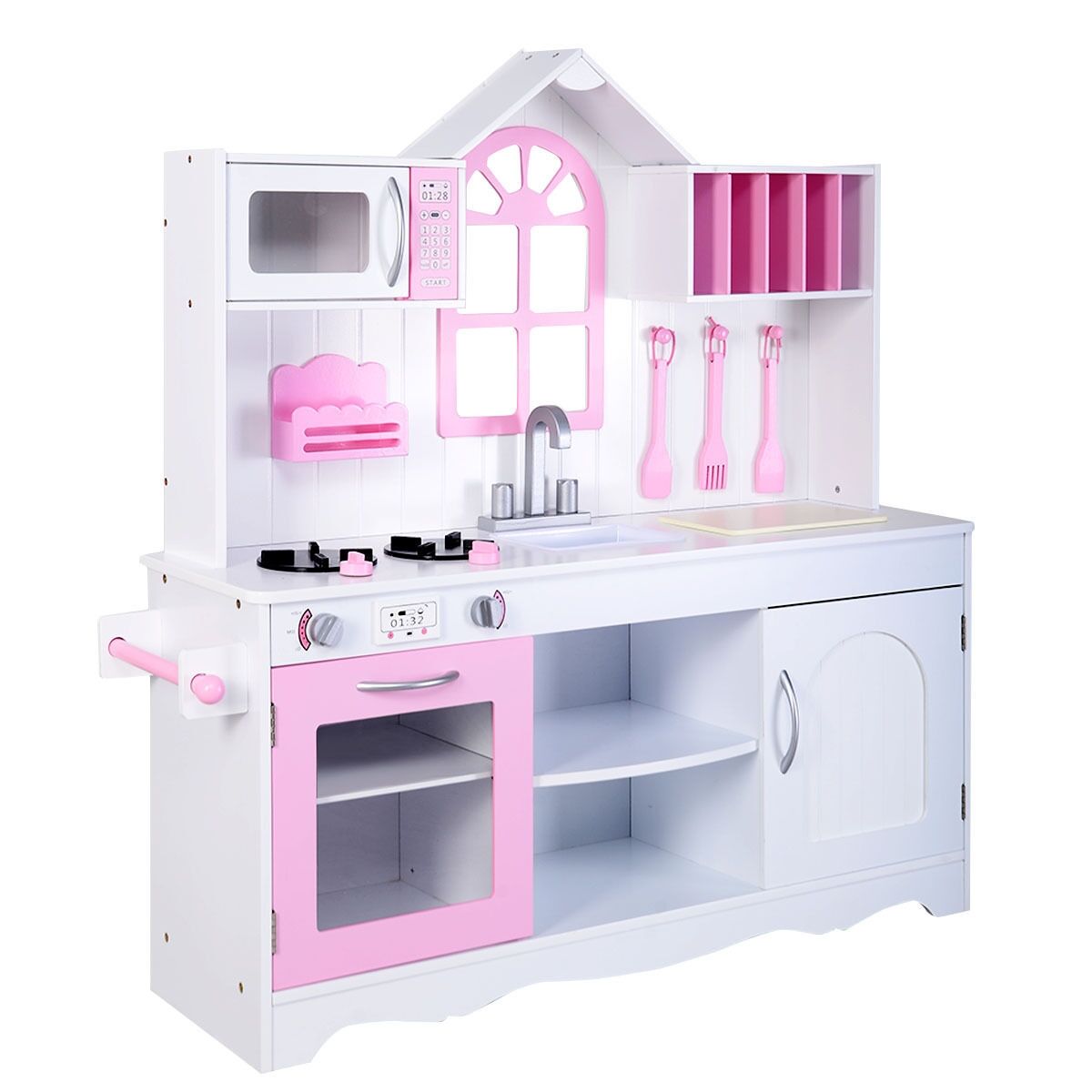 Costway Kids Wood Kitchen Toy Cooking Pretend Play Set Toddler Wooden Playset - White