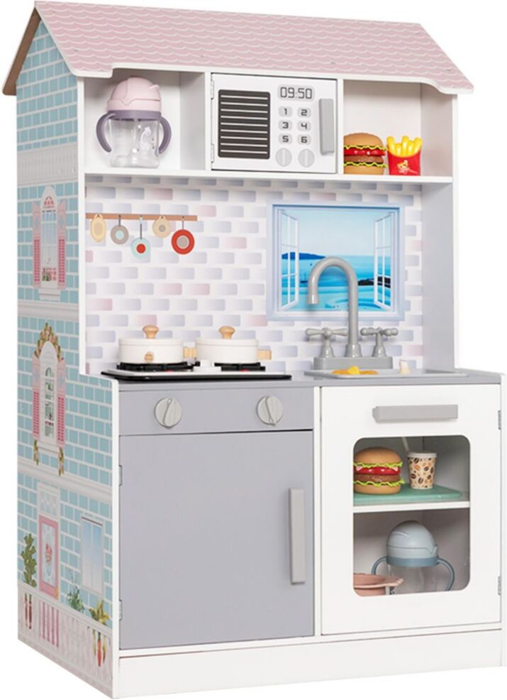 Sugift 2-In-1 Double Sided Kids Kitchen Playset and Dollhouse with Furniture - Open White