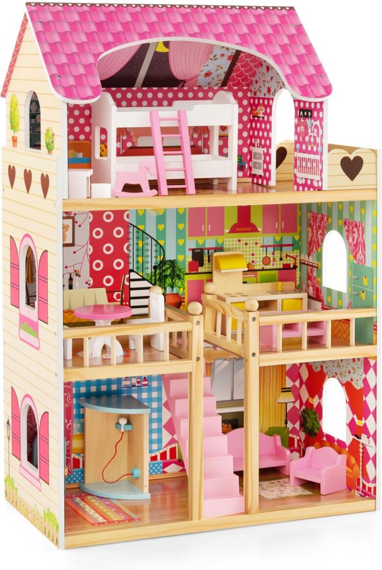 Sugift Doll House Playset with 3 Stories and 6 Simulated Rooms and 15 Pieces of Furniture - Pink