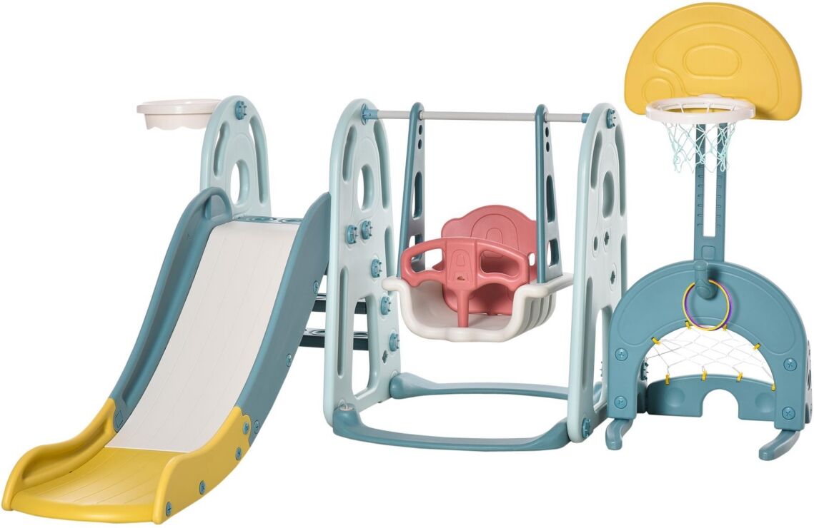 Qaba Multi-Activity Safe Baby Slide and Swing Set /w Basketball Net - Open Misce