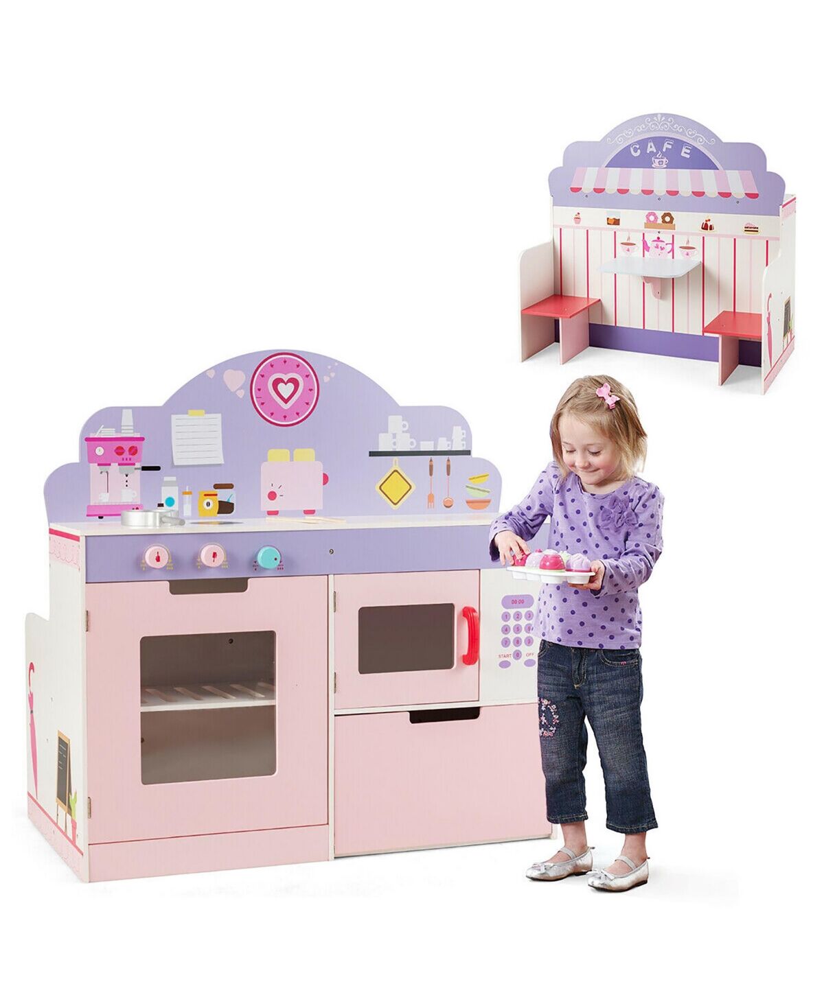 Costway 2 in 1 Kids Play Kitchen & Cafe Restaurant Wooden Pretend Cooking Playset Toy - Pink