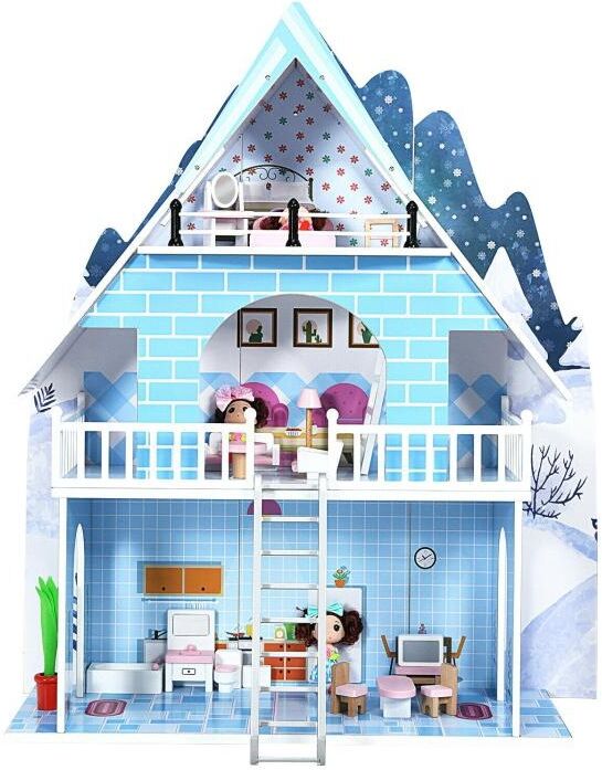 Slickblue Wooden Dollhouse 3-Story Pretend Playset with Furniture and Doll Gift for Age 3+ Year - Blue