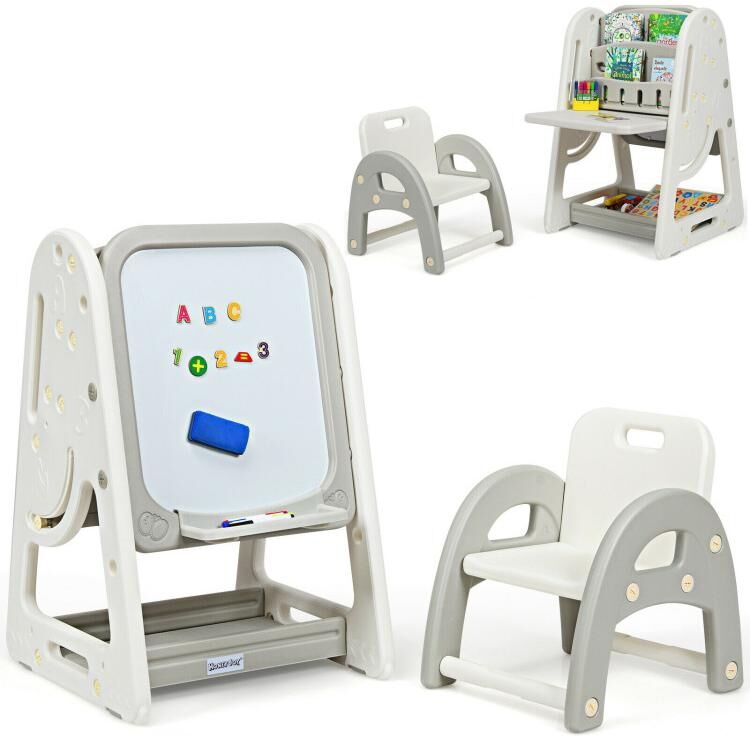 Slickblue 2-in-1 Kids Easel Desk Chair Set Book Rack Adjustable Art Painting Board - Grey