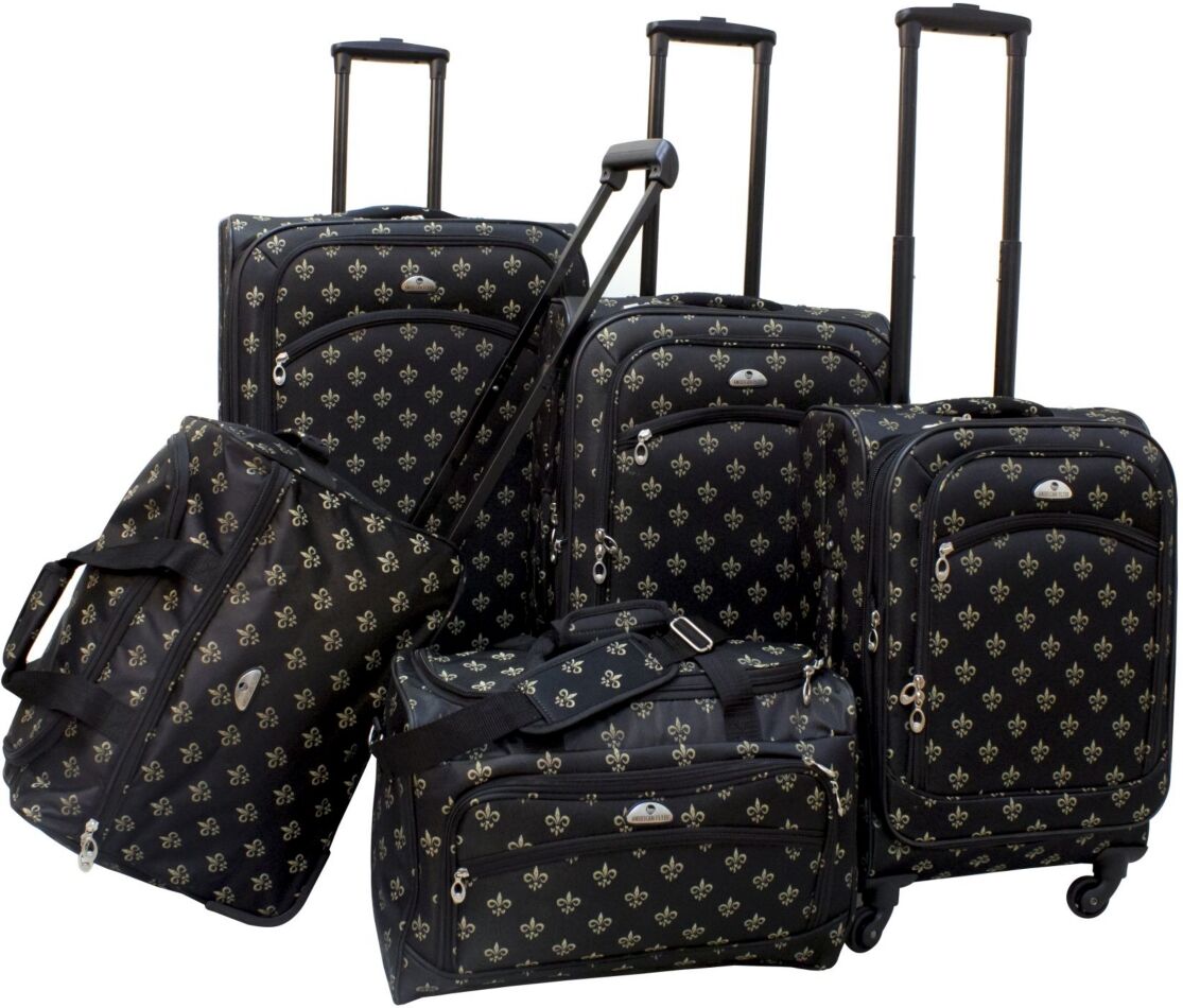 American Flyer Fleur De Lis 5 Piece Spinner Luggage Set - Black