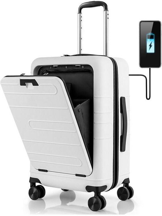 Slickblue Carry-on Luggage Pc Hardside Suitcase Tsa Lock with Front Pocket and Usb Port - White