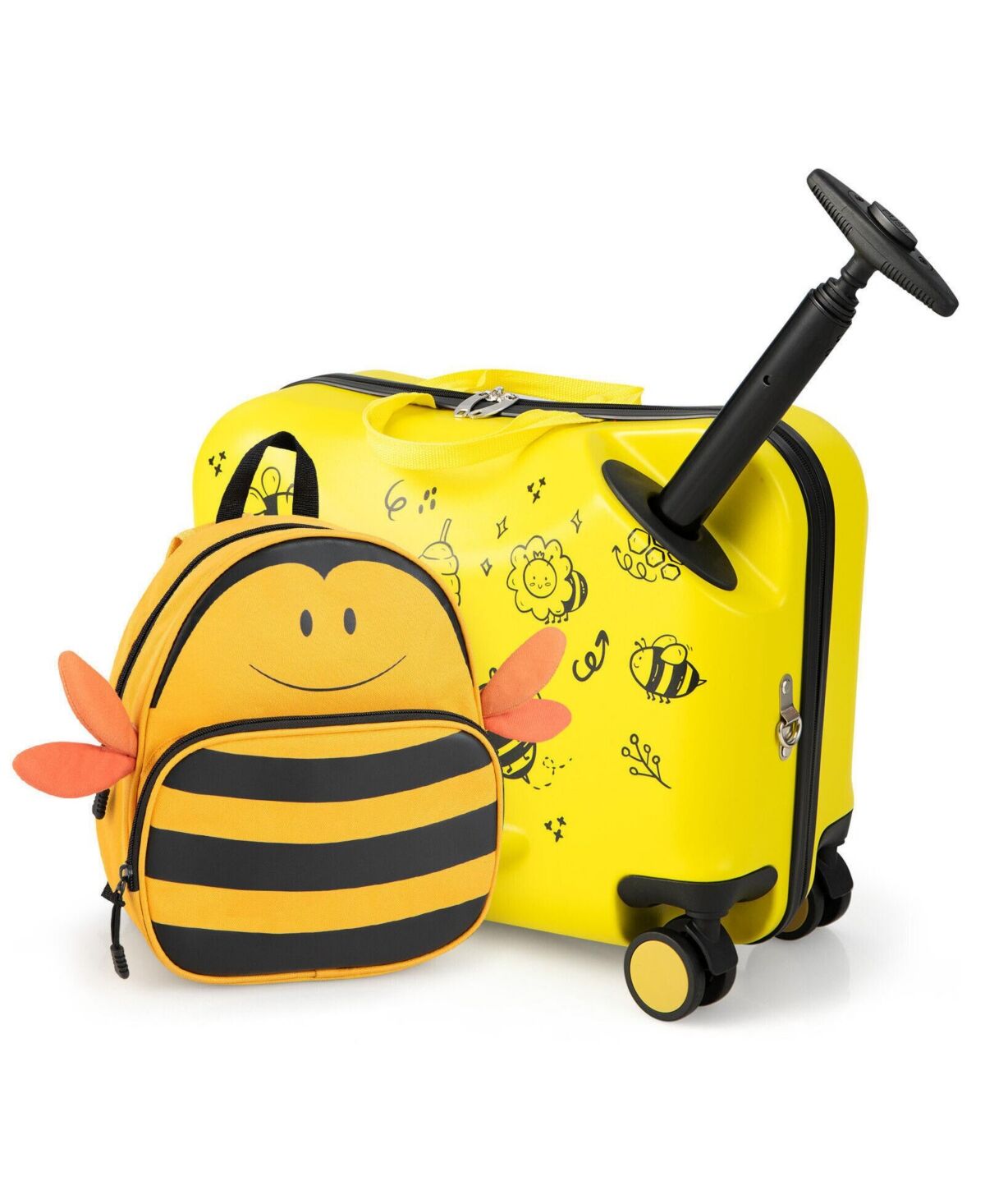 Slickblue 2 Pieces Ride-on Kids Luggage Set with Spinner Wheels and Bee Pattern-Yellow - Yellow