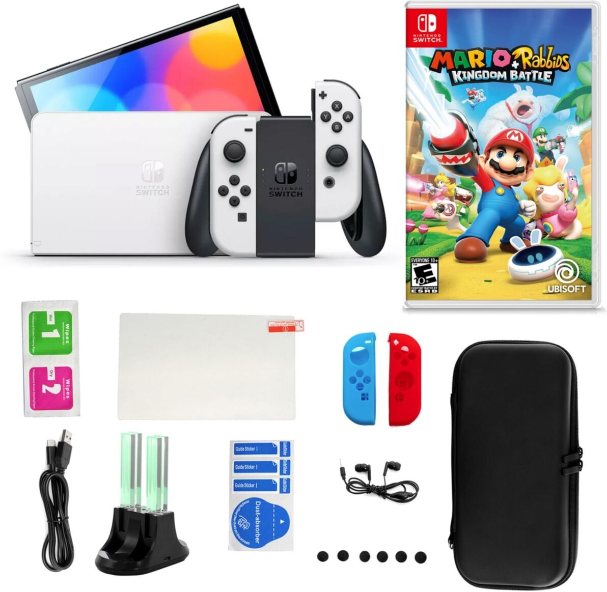 Nintendo Switch Oled White with Mario Rabbids Kingdom Battle & Accessories - Open White