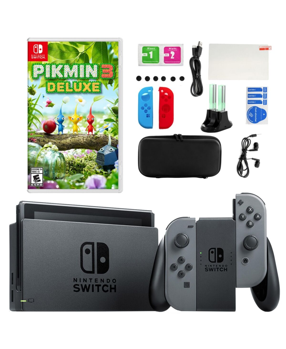 Nintendo Switch in Gray with Pikmin 3 Deluxe & Accessories - Grey