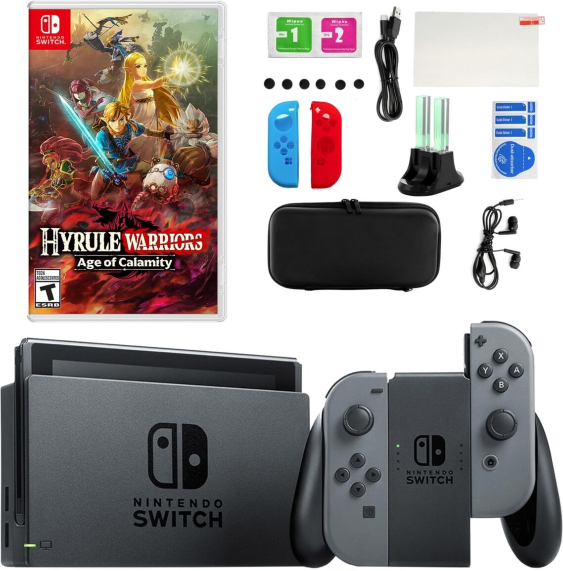 Nintendo Switch in Gray with Hyrule Warriors & Accessory Kit - Grey