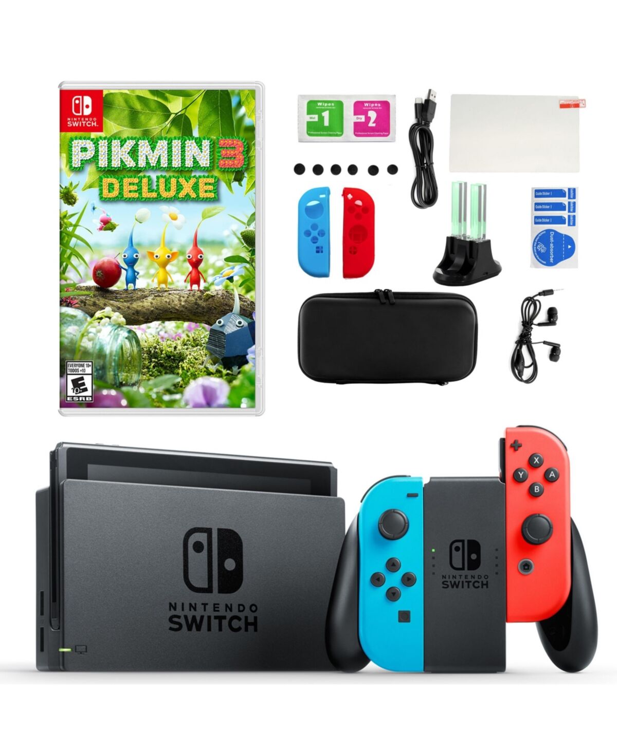 Nintendo Switch in Neon with Pikmin 3 Deluxe & Accessories - Open Miscellaneous