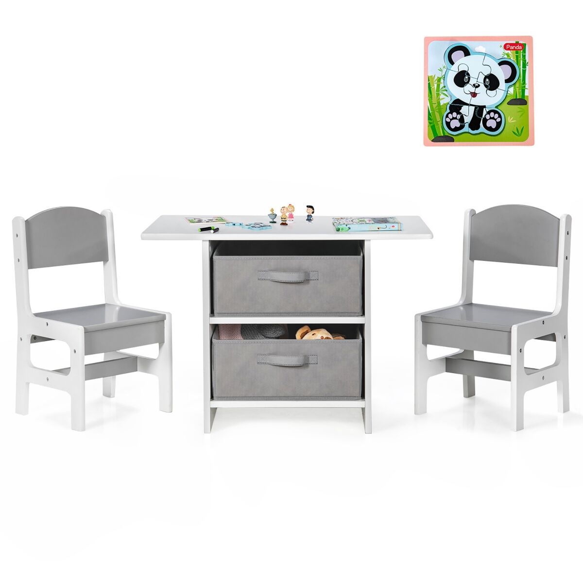 Costway Kids Art Play Wood Table and 2 Chairs Set w/ Storage Baskets Puzzle - Grey