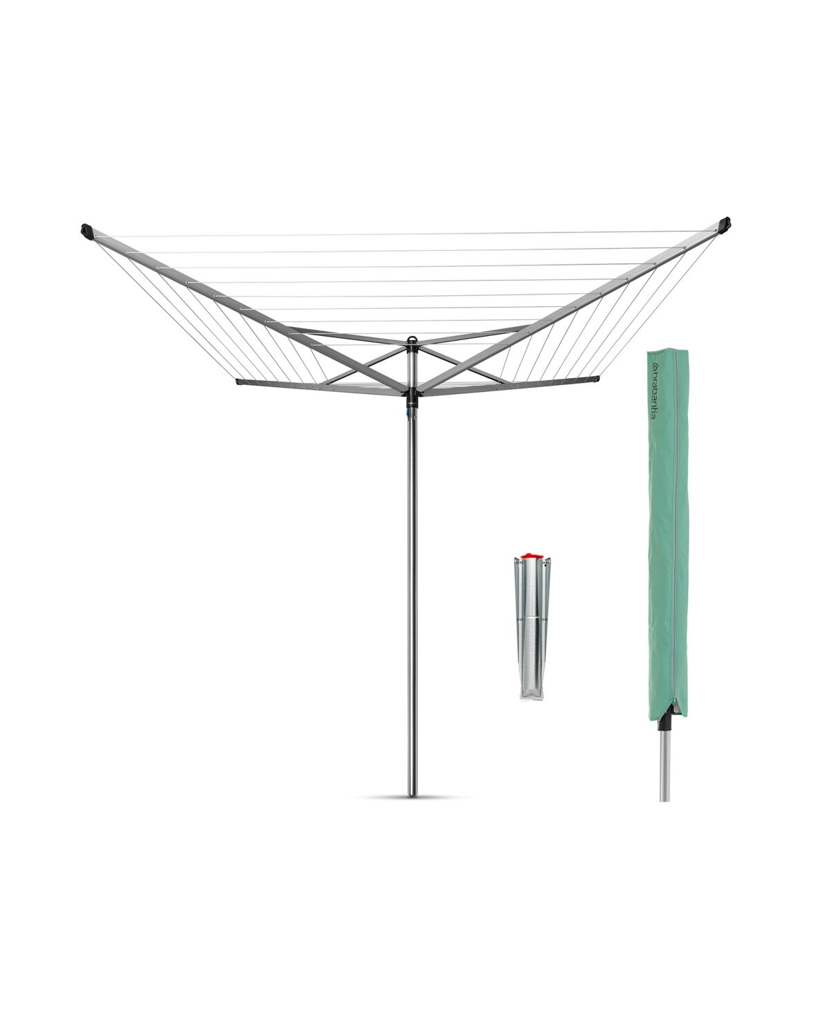 Brabantia Rotary Top Spinner Clothesline - 164', 50 Meter with Metal Ground Spike and Protective Cover Set - Metallic Gray