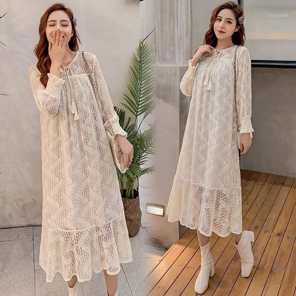 Maternity Dresses 2021 Spring Clothing Style Korean-Style Clothes Loose-Fit Long Sleeve Lace Large Size A- Line Skirt Elegant Dress1