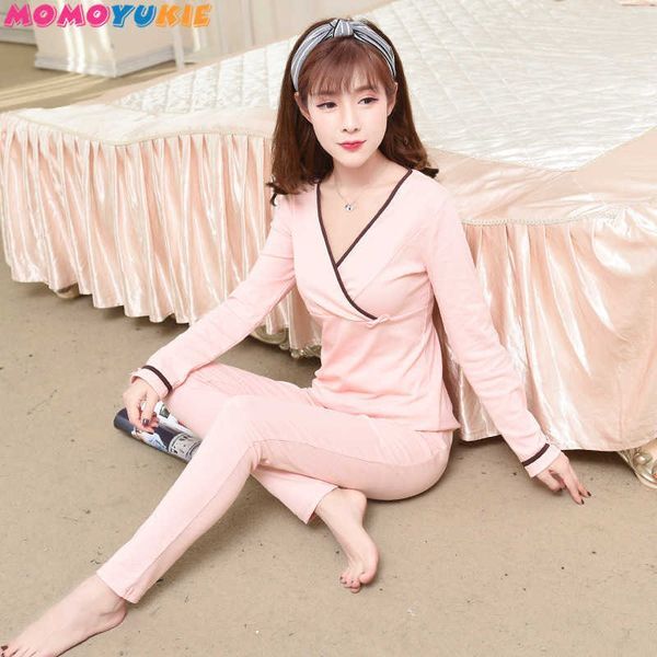 Autumn Maternity Pajamas Breastfeeding Pregnant Women Nursing Pajama Set Top Pants Sleepwear Pregnancy Nightgown Clothes 210713