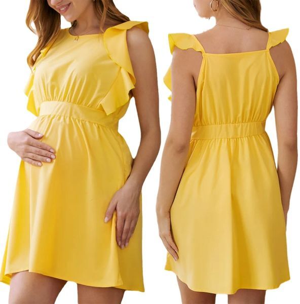 Dresses New Yellow Dreeses For Pregnant Ladies Ruffles Sleeve Solid Baby Shower Midi Dress Maternity Premama Clothes For Pregnant Women