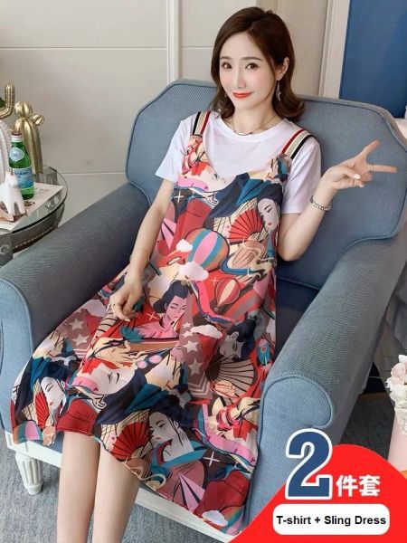 Dresses Maternity Dress Breastfeeding Twopiece Suit Shortsleeved Maternity Clothes For Pregnant Women Long Korean Print Sling Dress