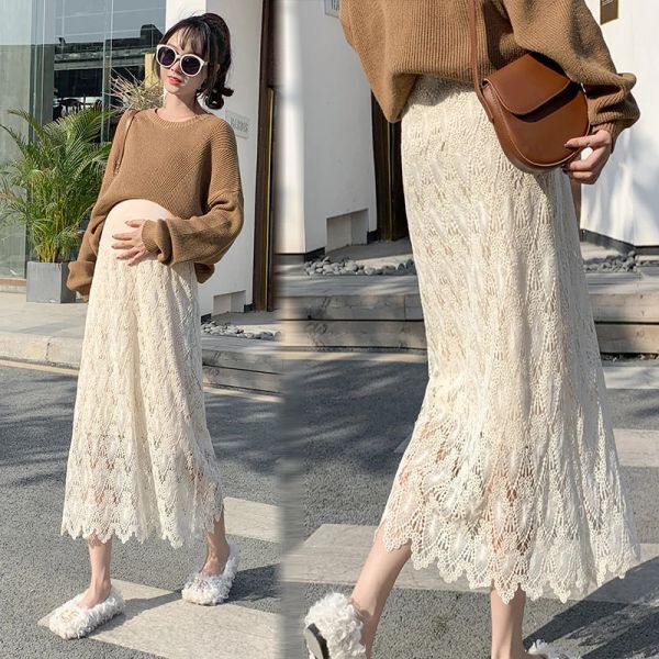 Dresses 8524# 2021 Spring Autumn Chic Lace Maternity Skirts High Waist Adjustable Belly Clothes for Pregnant Women Korean Pregnancy