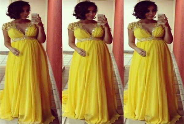 Evening Dresses Lebanon Yellow Cap Sleeve Chiffon Beaded Evening Gowns Summer Maternity Pregnant Sexy Formal Evening Dresses Plus 8540987