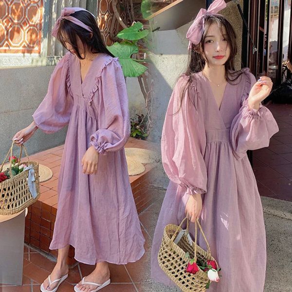 Dresses 2022 Spring and Summer Japanese Style Fairy Purple Maternity Dress High Waist Backless Bow Doll Dresses Pregnant Woman Clothes