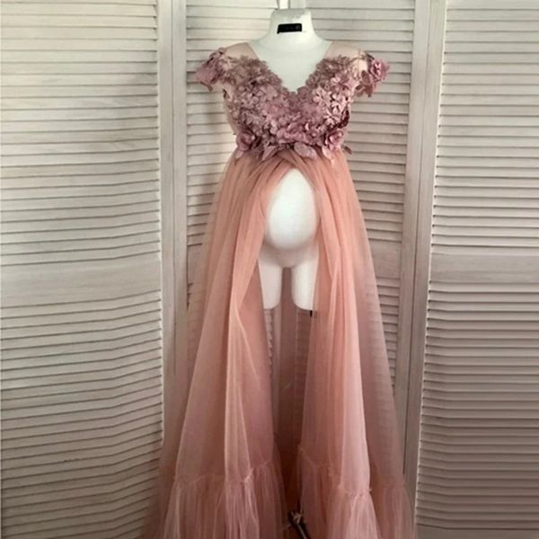 Charming Peach Pink Maternity Dress Sexy Front Split Floral Pregnant Woman Gowns For Photography V Neck Pearls