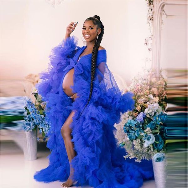 Royal Blue Ruffles Full Sleeve Prom Dresses Pregnant Party Formal Women robe de soiree Sheer Robe Shawel Maternity Poshoot Gown2127