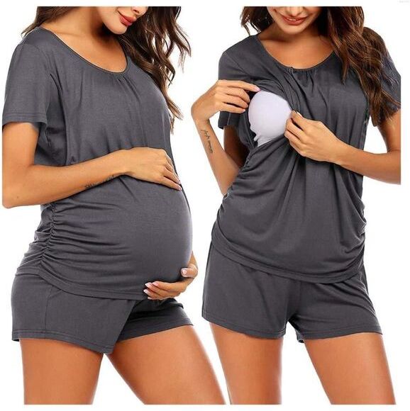 Women&#039;s Tracksuits Woman Solid Blouse Pants Jumpsuit Breast-Feeding Pregnant Maternity Nursing Sets