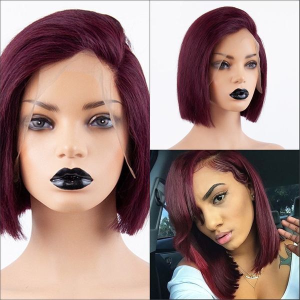 Fashion Brazilian full Lace Front Wig Short Bob Wigs For Black Women Burgundy Color Synthetic Hair heat resistant 150 density