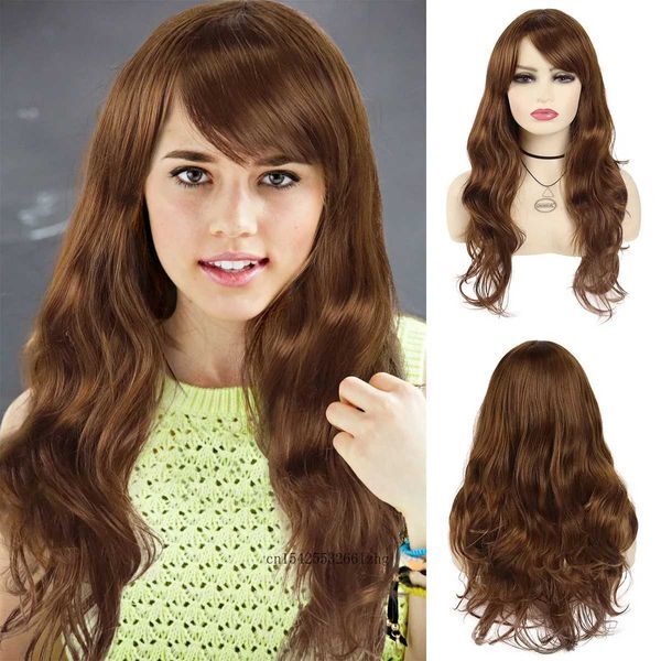 Hair Wigs Brown for Women Synthetic Natural Daily Female Wig with Bangs Long Curly Cute Sweet Style Girls Cosplay Party 240306
