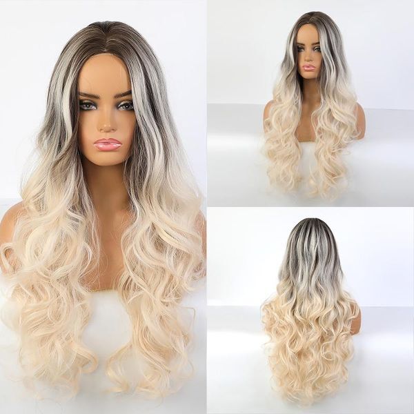 Synthetic Wigs JONRENAU Dark Root Ombre Blonde For Black White Women Long Wavy Hair Middle Part Cosplay Trendy Party