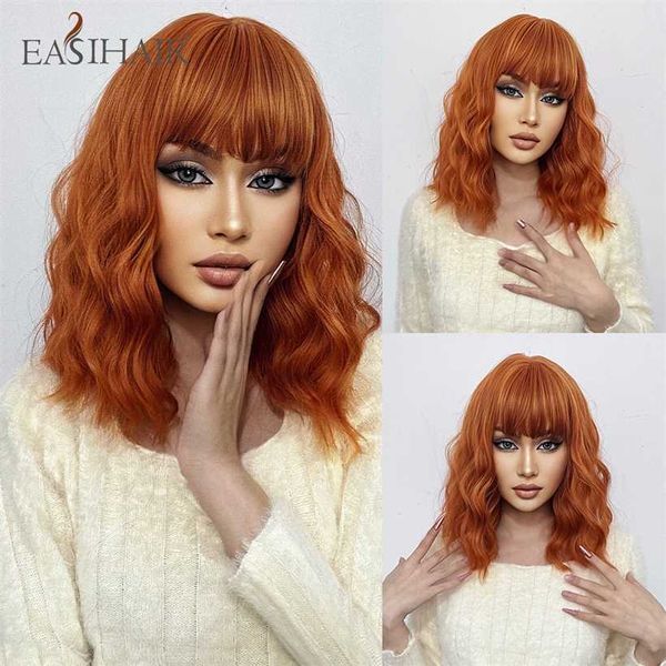 Synthetic Wigs Easihair Orange Short Synthetic Wigs Body Wave Bob for Women with Bangs Cosplay Lolita Natural Hair Heat Resistant 230227