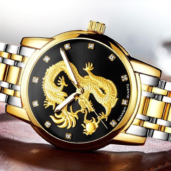 relogio masculino GUANQIN Mens Watches Top Brand Luxury Luminous Clock Gold Dragon Sculpture Stainless Steel Quartz Wrist Watch3255