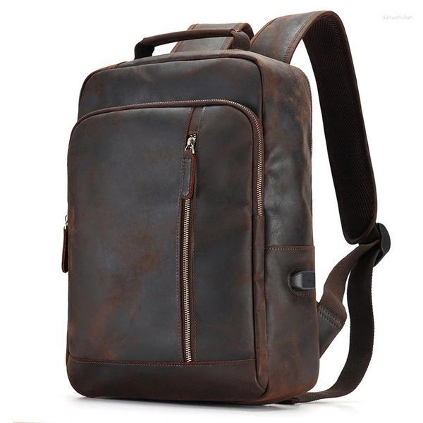 Backpack Nesitu Vintage Durable Brown Top Grain Genuine Crazy Horse Leather A4 15.6&#039;&#039; Laptop Women Men Cowhide Travel Bag M6641