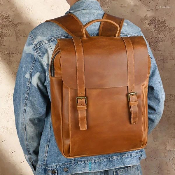 Backpack Highend Large A4 Vintage Brown Top Grain Genuine Crazy Horse Leather 15.6&#039;&#039; 14&#039;&#039; Laptop Women Men Travel Bag M0026