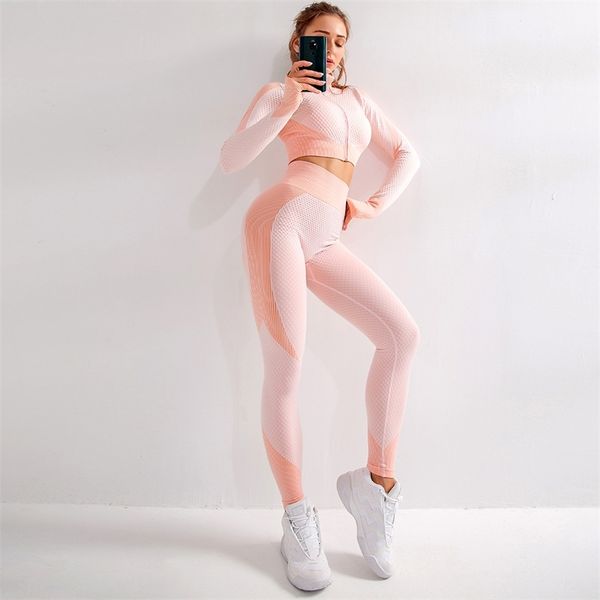 2 Piece Set Women Sports Suit Gym Workout Clothes Full Zipper Long Sleeve Fitness Crop Top High Waist Seamless Leggings Yoga 210802