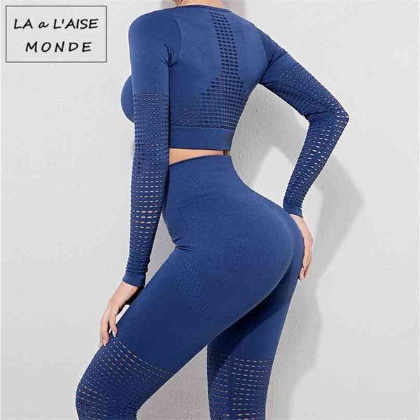 Women Sport Suit Yoga Set Tracksuits Gym Workout Clothes Long Sleeve Fitness Crop Top High Waist Energy Seamless Leggings 210802