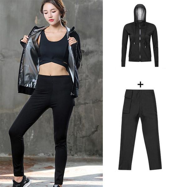 Running Sets Women Sauna Suits Hooded Jacket Pant Weight Loss Gym Slim Fitness Sportswear Clothing Set Yoga Full Body Suit Tracksuit