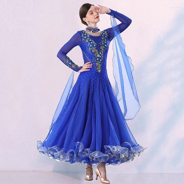 Stage Wear Custom Royal Blue Ballroom Dance Competition Dress Rhinestones Women&#039;s Performance Party Clothes Long Modern Waltz Costumes