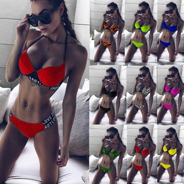 Women Swimwear Bathing Suits Push Up Summer Swimsuit Bikini 8-Color Two-piece Letter Printing Leopard Suit High Stretch Sexy Swim Costume Lady&#039;s Separates